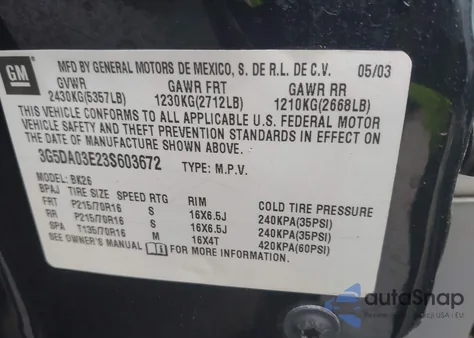 2003 Buick Rendezvous Cxl from USA, damaged, VIN 3G5DA03E23S603672